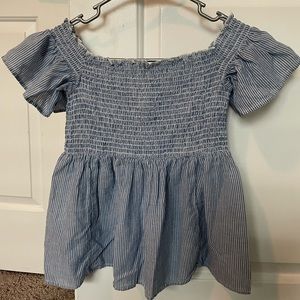 Blue and white striped off the shoulder rouched top